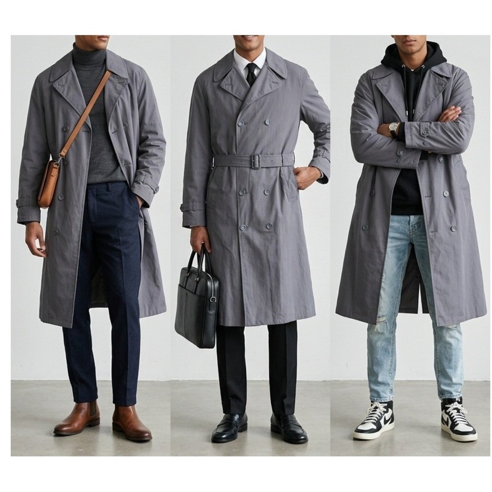 London Fog Tempo Europa Mens‎ Gray Trench Coat Double Breasted Belted 42 Long